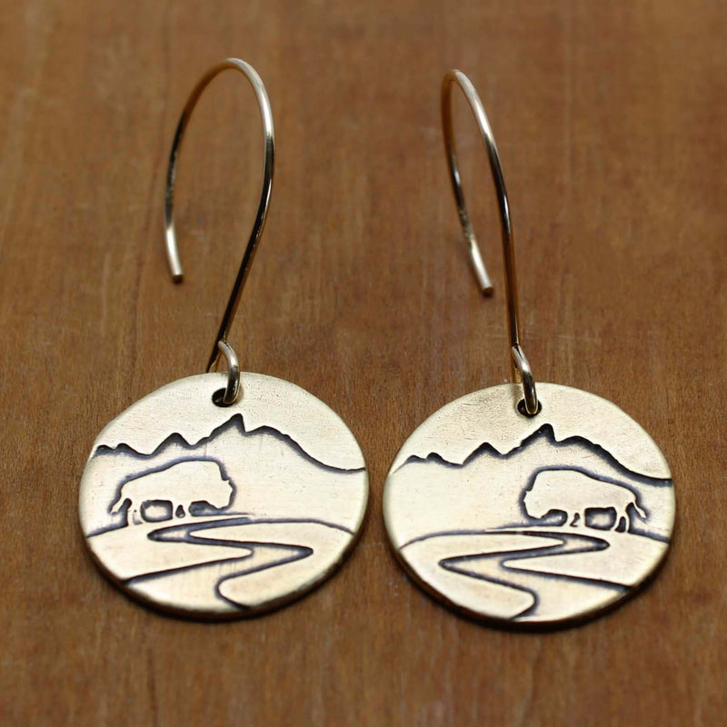 Buffalo in the Tetons Earring featuring etched buffalo and mountains in solid brass, perfect for nature lovers.