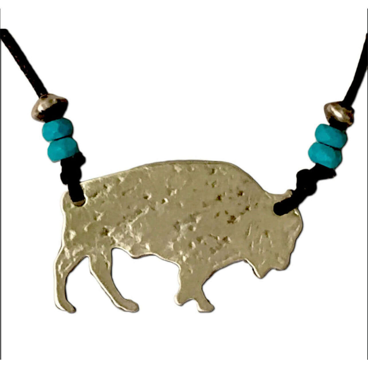 Buffalo Necklace featuring a rustic buffalo pendant, hand-finished in matte silver with turquoise beads on adjustable cord.