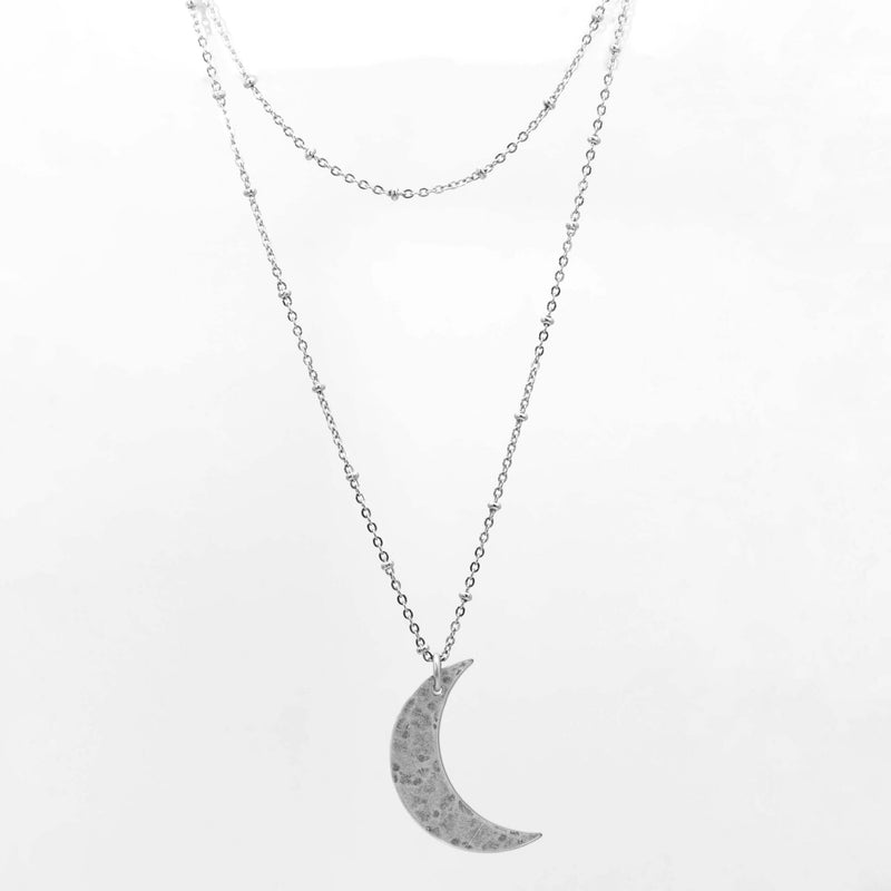 Crescent Long Layered Necklace featuring a crescent moon pendant in matte silver finish.
