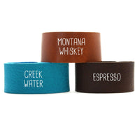 Echo Leather Cuff Bracelet in Montana Whiskey, Creek Water, and Espresso leather options.