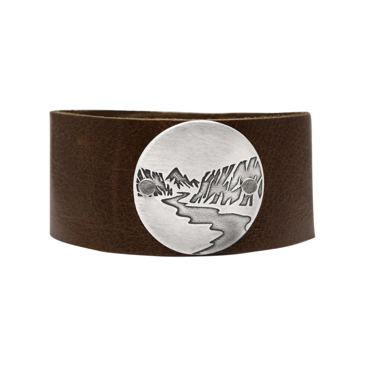 Echo Leather Cuff Bracelet featuring a detailed landscape design in silver on an espresso leather band.