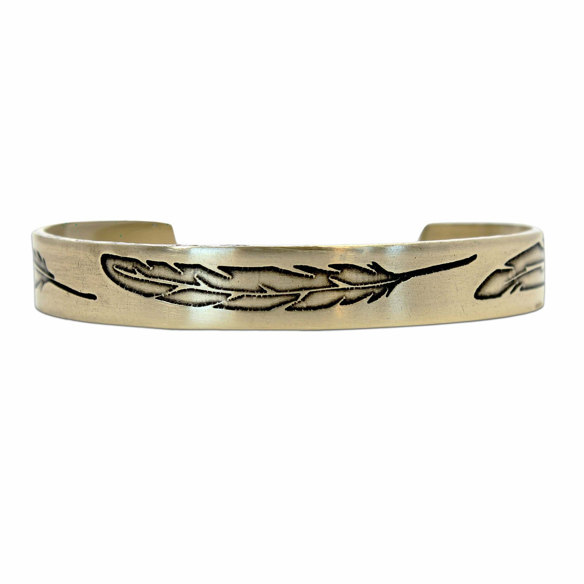 Feather Cuff Bracelet in Antique Brass finish showcasing feather engravings, adjustable cuff for bird watching and outdoor activities.