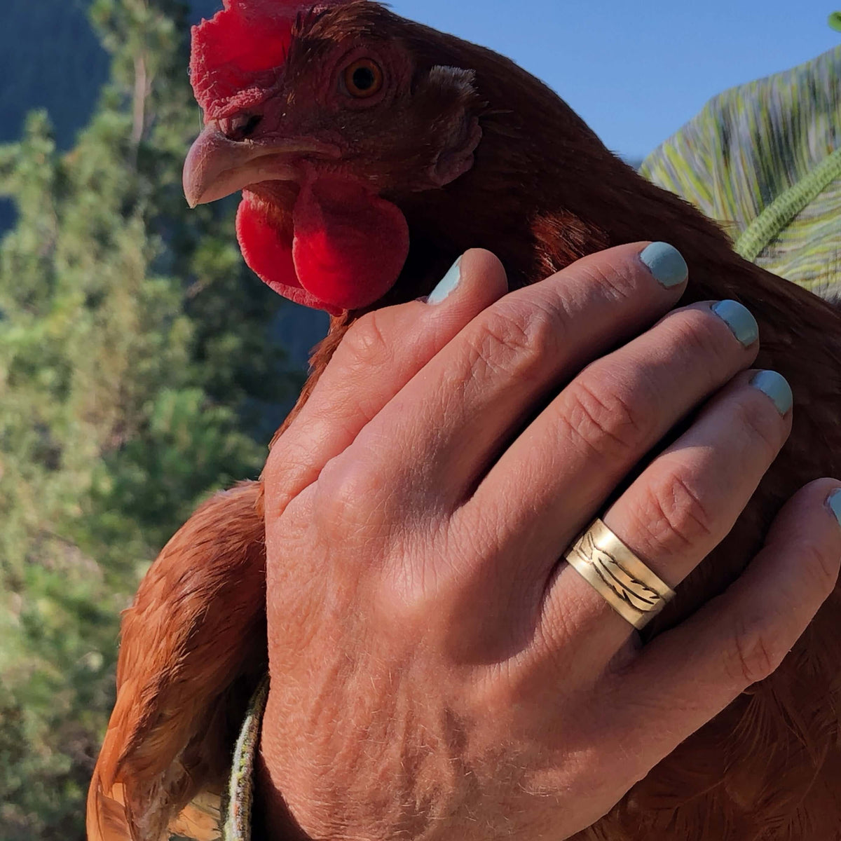 Person wearing a Feather Ring while holding a chicken outdoors in a natural setting.