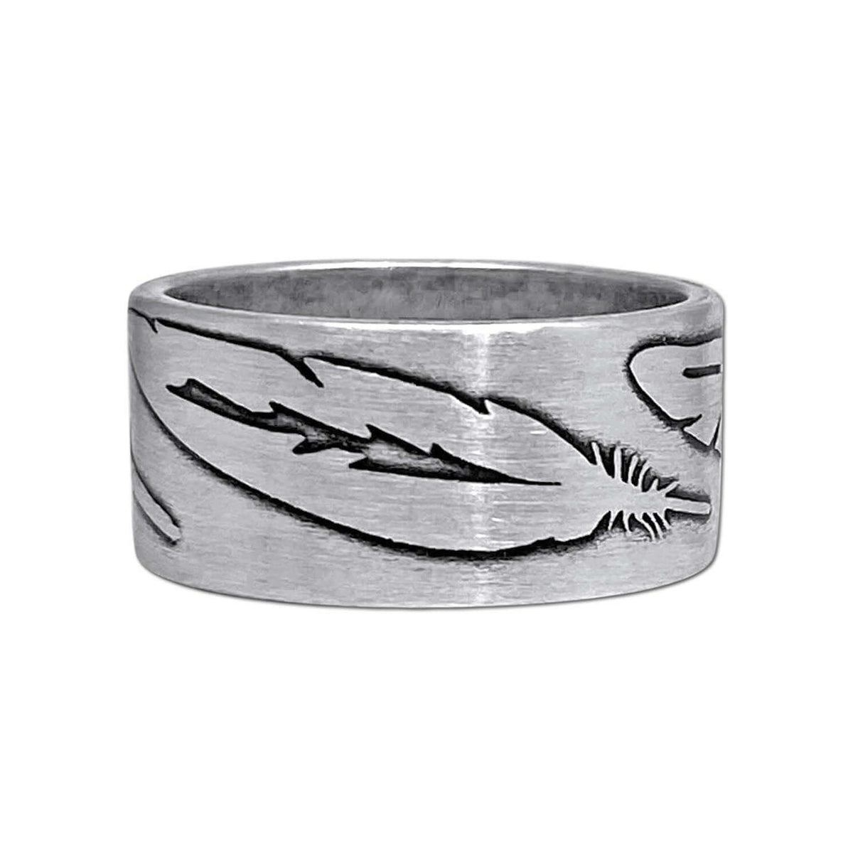 Feather Ring in Matte Silver featuring distinct feather engravings for a subtle, stylish look.