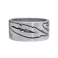 Feather Ring in Matte Silver featuring distinct feather engravings for a subtle, stylish look.