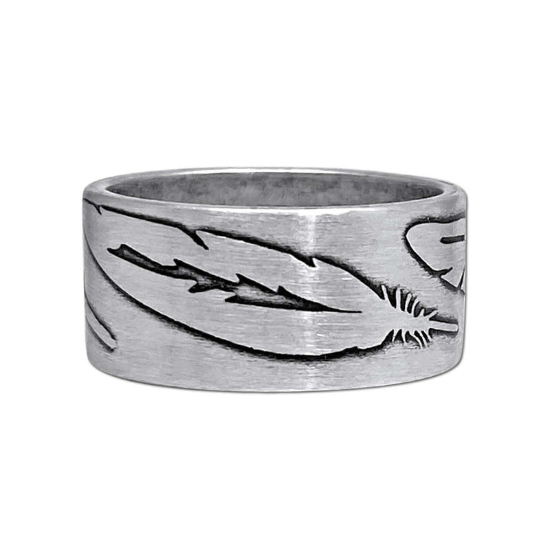 Feather Ring in Matte Silver featuring distinct feather engravings for a subtle, stylish look.