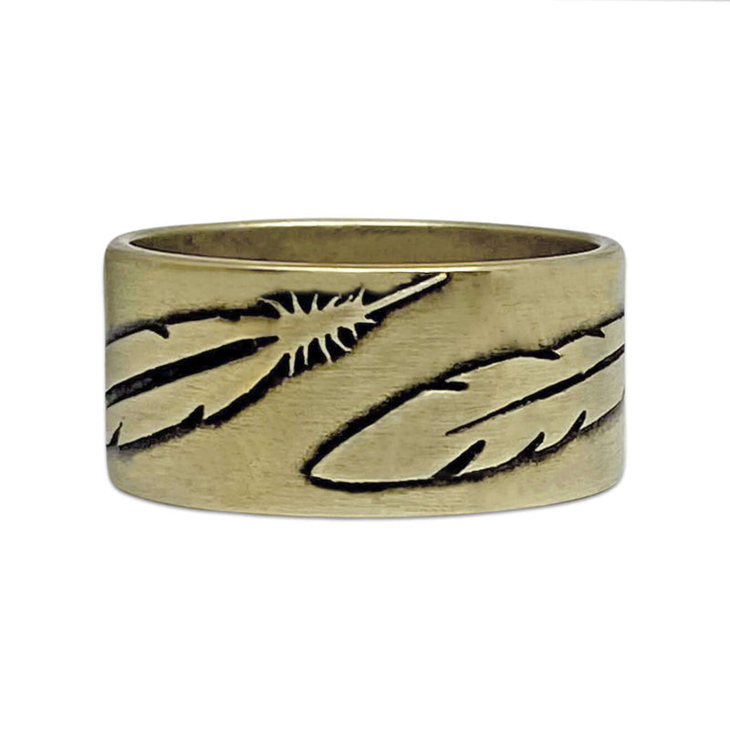 Feather Ring in antique brass finish with intricate feather detailing for a unique and subtle accessory.