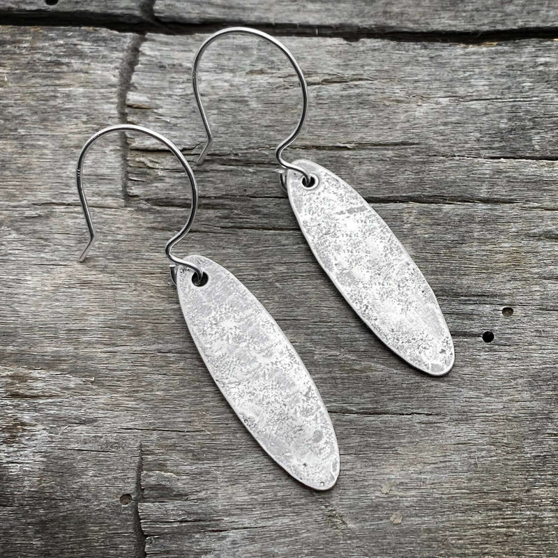 Fog Drop Earrings in matte silver finish with textured design and sterling silver earwires.