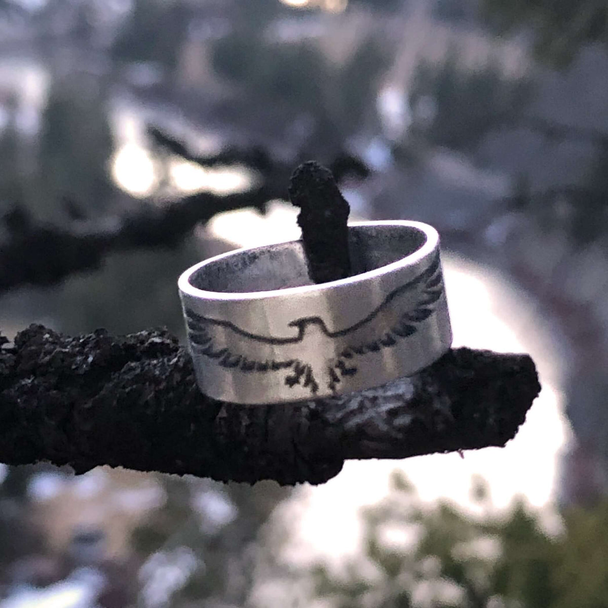 Freebird Adjustable Ring displayed on a branch, featuring an eagle design to symbolize freedom.