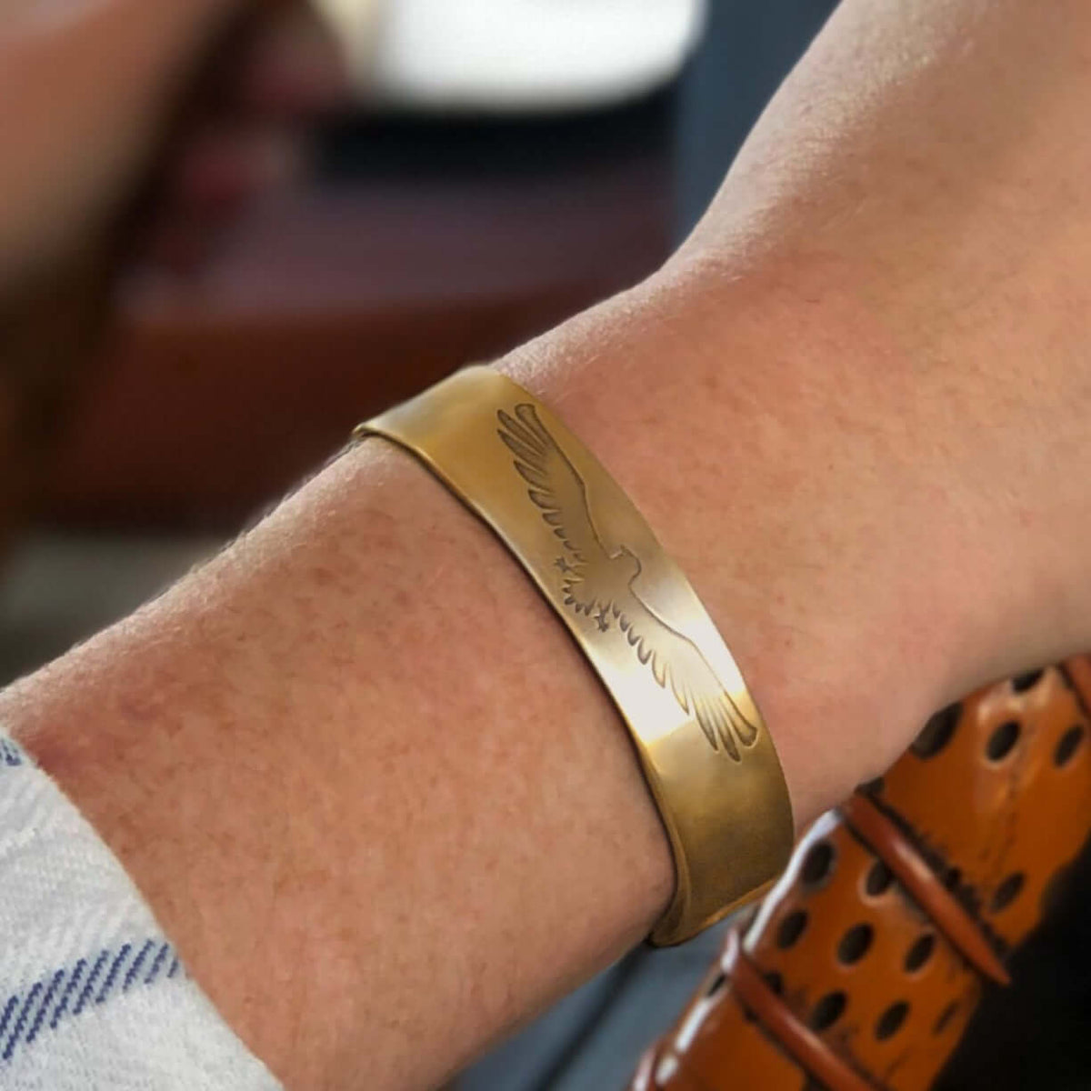 Freebird Cuff Bracelet- Eagle Bird bracelet for men and women worn on wrist, showcasing intricate eagle etching.