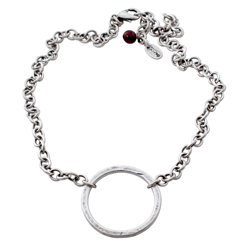 Beautifully hammered Halo Necklace on adjustable cable chain, available in Matte Silver finish.