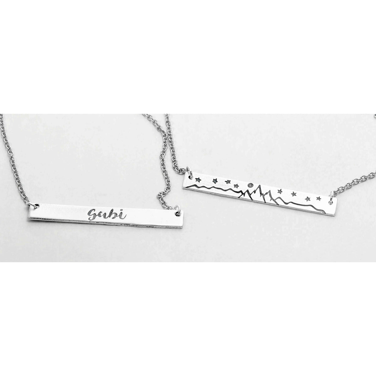 High Alpine Necklace featuring a personalized nameplate and mountain design, crafted in silver with adjustable chain.