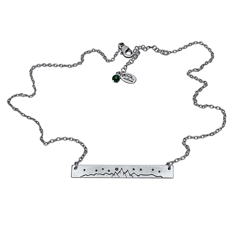 High Alpine Necklace with etched mountain design and adjustable cable chain in silver finish.