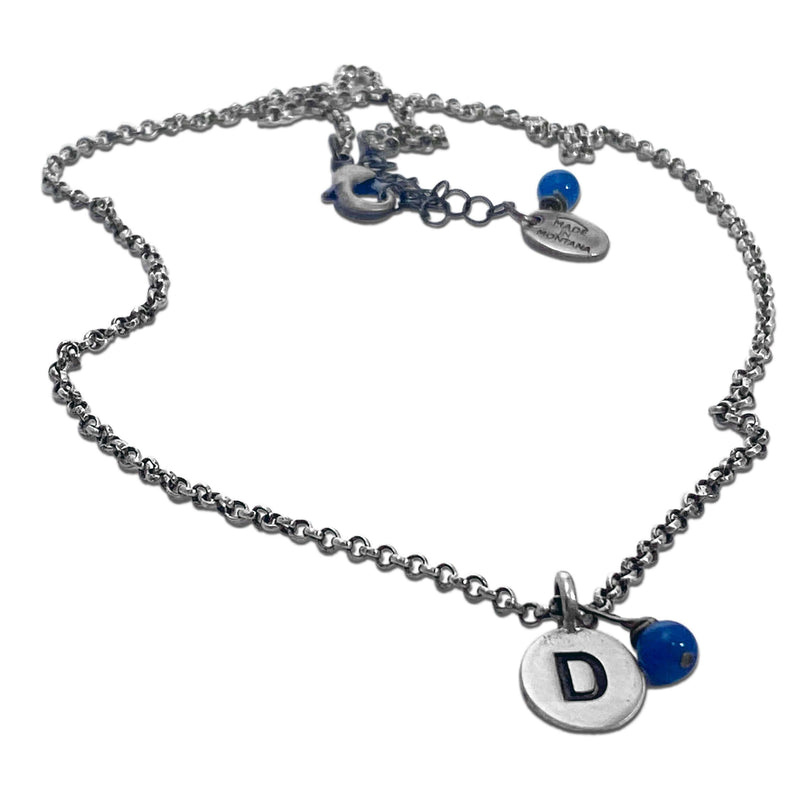 Initial Necklace with a 'D' charm and blue bead on a silver cable chain.