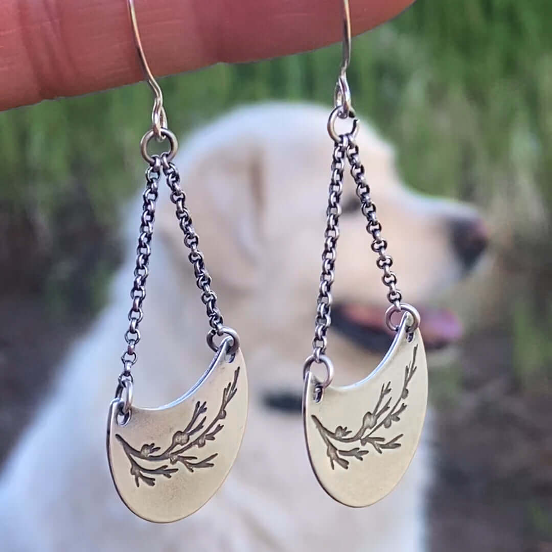 Juniper Earrings -Flowery Branch Nature dangle earrings showcasing etched juniper design on raw brass.