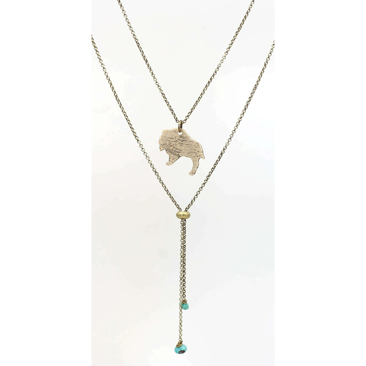 Just Roaming Long Layered Necklace featuring a hammered bison silhouette on an adjustable chain.