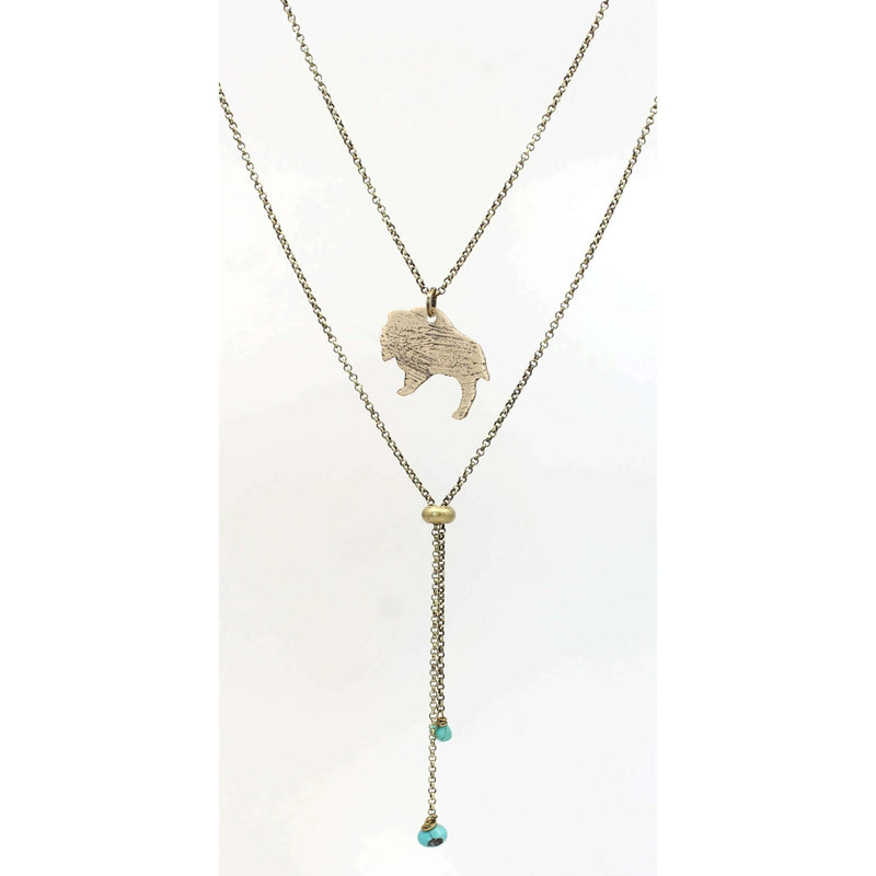 Just Roaming Long Layered Necklace featuring a hammered bison silhouette on an adjustable chain.