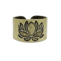 Lotus Adjustable Ring featuring an intricate etched lotus design in antique brass finish.