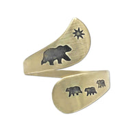 Mama and Cubs Adjustable Ring in antique brass finish featuring bear and cub motifs.