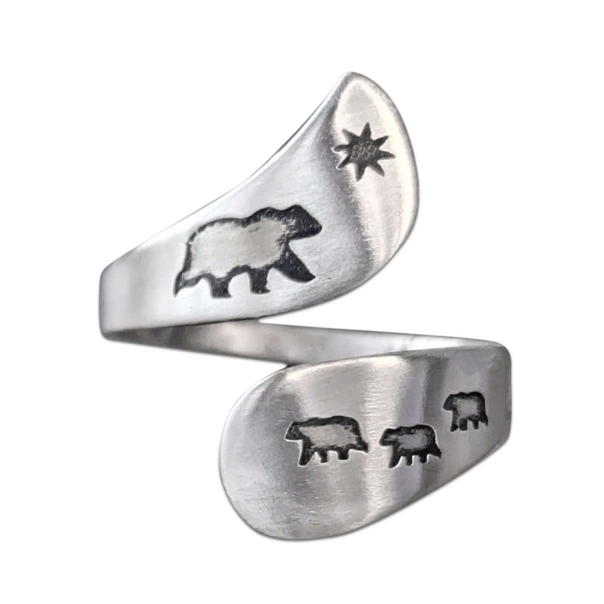 Mama and Cubs Adjustable Ring in matte silver with bear and star design, perfect for wildlife enthusiasts.