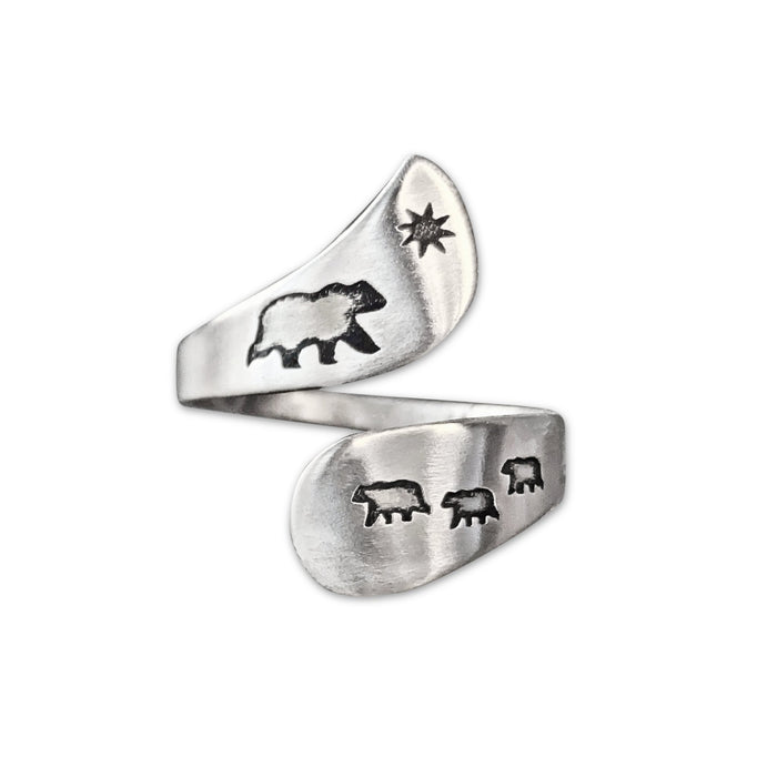 Mama and Cubs Adjustable Ring in matte silver with bear and star design, perfect for wildlife enthusiasts.