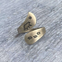 Mama and Cubs Adjustable Ring in antique brass with bear and cub designs.