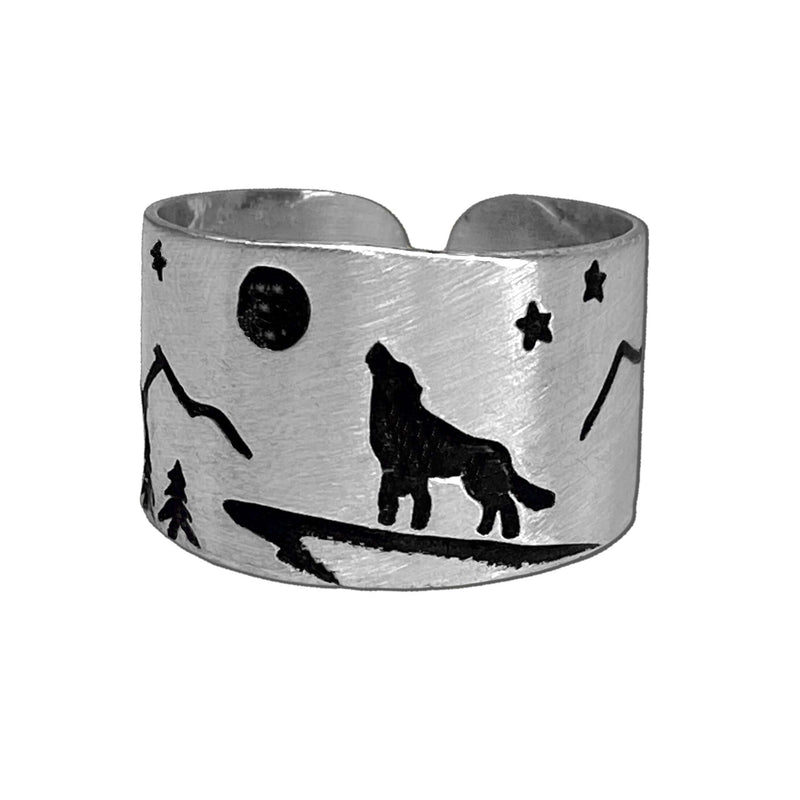 Midnight Wolf Adjustable Ring featuring a wolf, mountains, and stars design in matte silver finish.