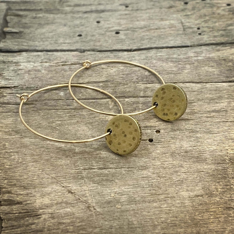 Mini Moon Hoop Earrings in Antique Brass finish, hand textured for a unique look and comfortable fit.