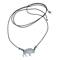 Mountains on Buffalo Necklace featuring a bison with Turtle Mountain silhouette and turquoise accent beads.