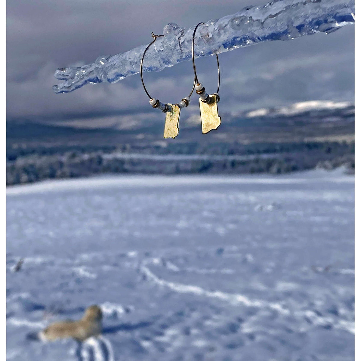MT Beaded Hoop Earrings showcased in a winter landscape, featuring Montana cutouts and stylish hoop design.