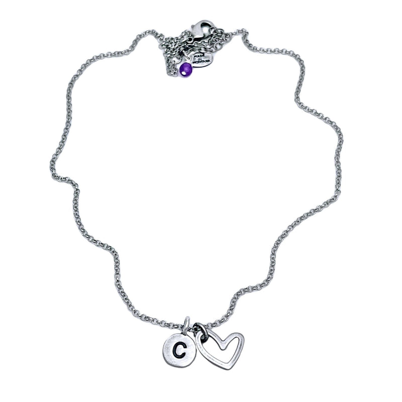 Open Heart Initial Necklace with a heart charm and initial 'C', handmade in Montana, perfect gift for loved ones.