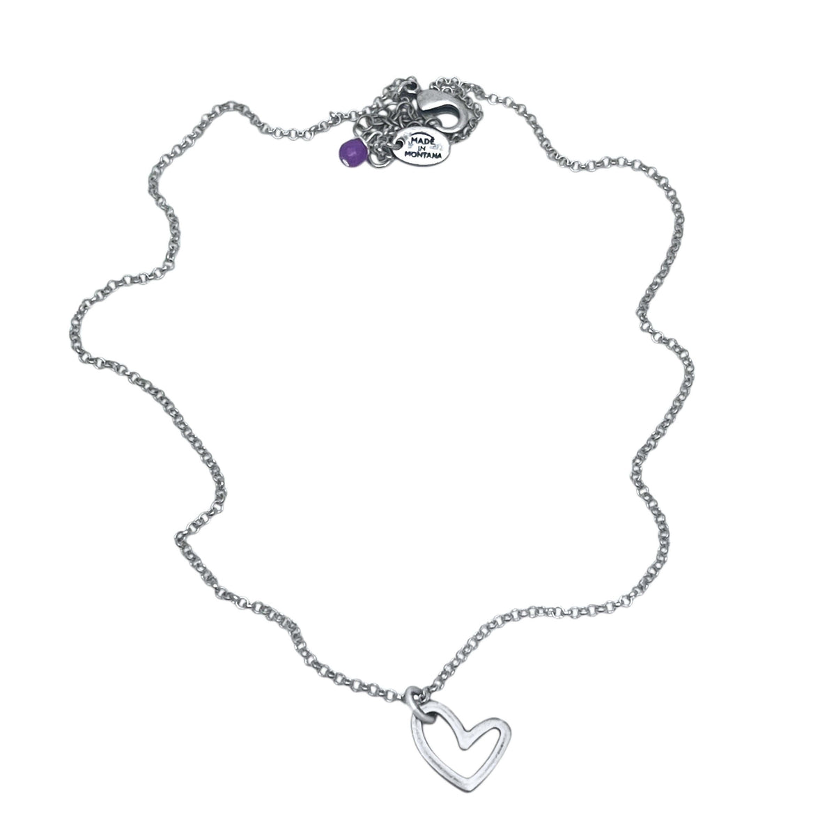 Open Heart Necklace on a silver chain, handmade in Montana, expressing love and elegance.