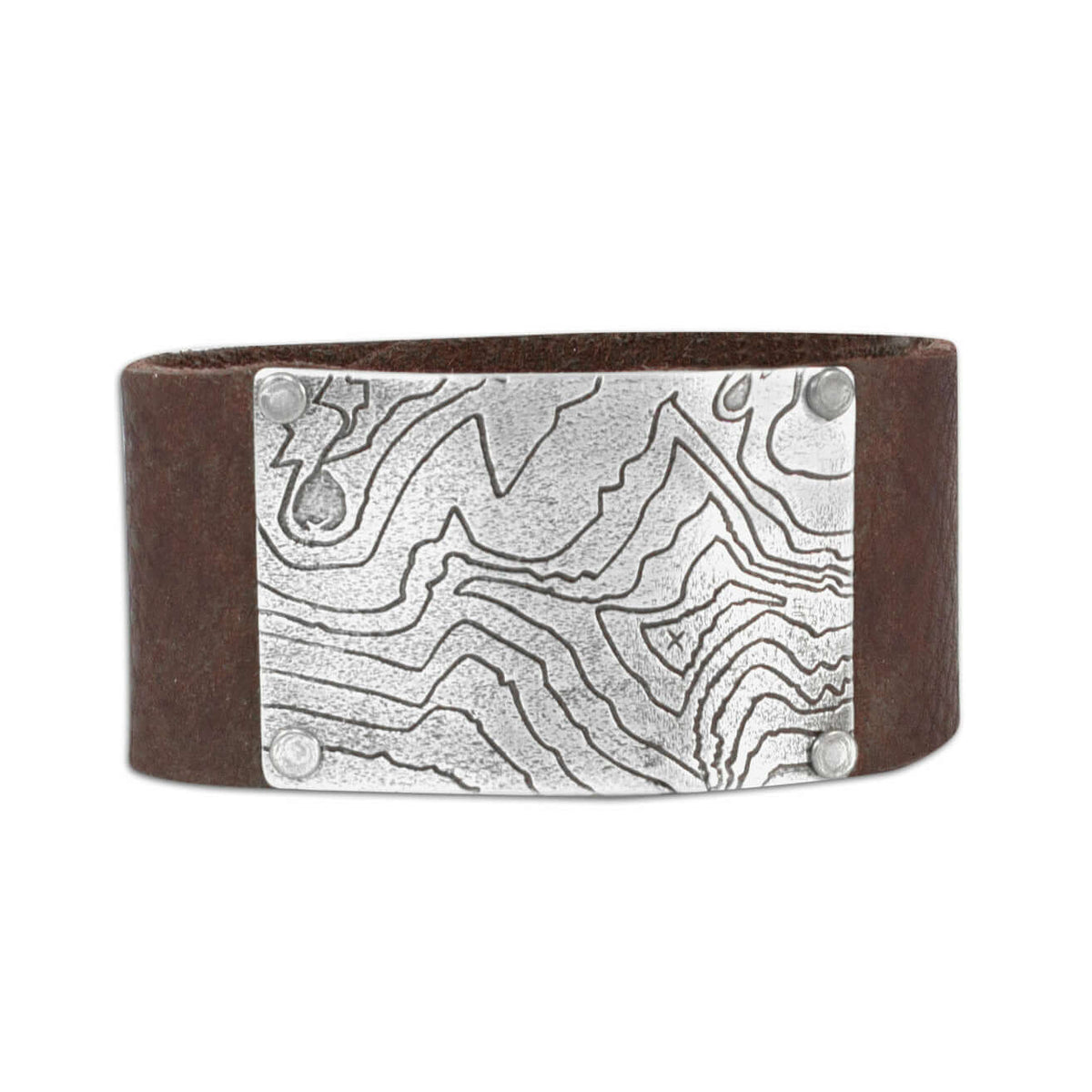 Rising Wolf Leather Cuff Bracelet featuring a topographic map design on a brown leather cuff.