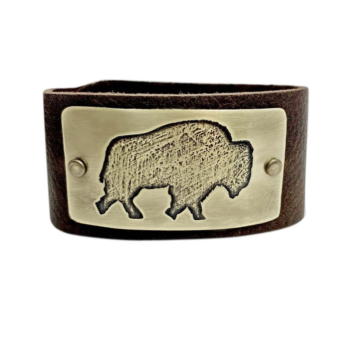 Roam Free Leather Cuff Bracelet featuring a buff graphic on genuine leather, perfect for outdoor enthusiasts.