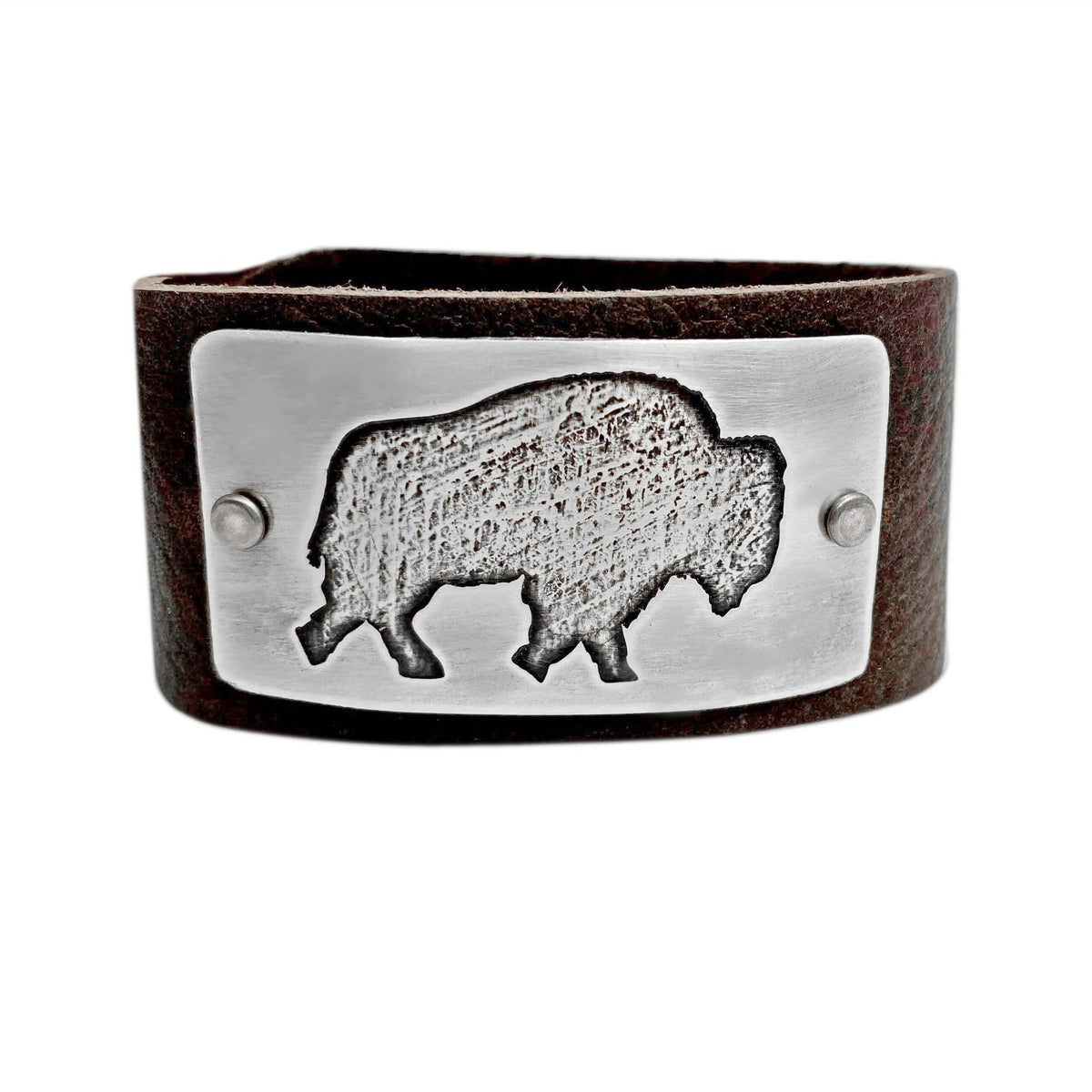 Roam Free Leather Cuff Bracelet featuring a buffalo design on a genuine leather band.