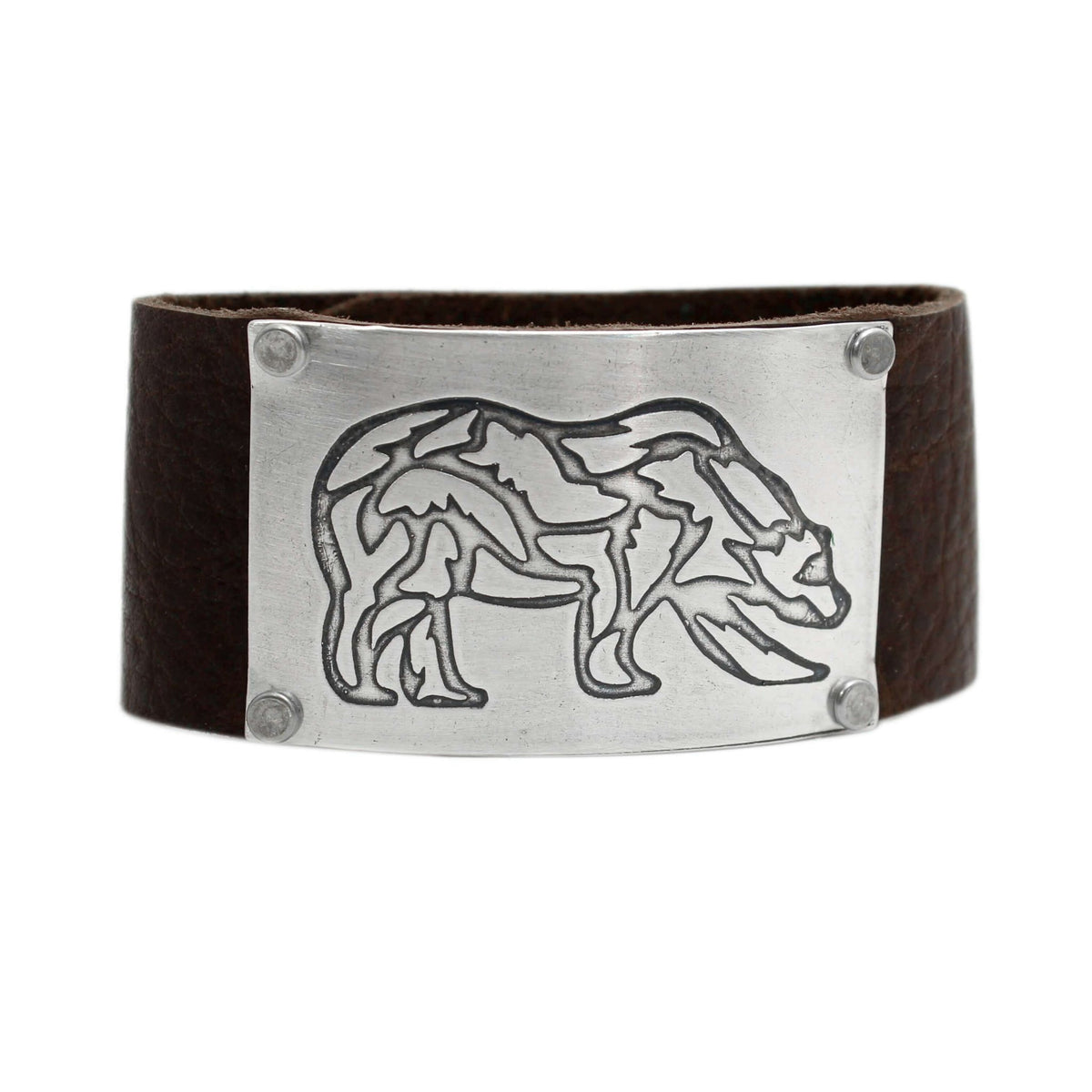 Rocky Bear Leather Cuff Bracelet with a silver grizzly bear design on a brown leather band.