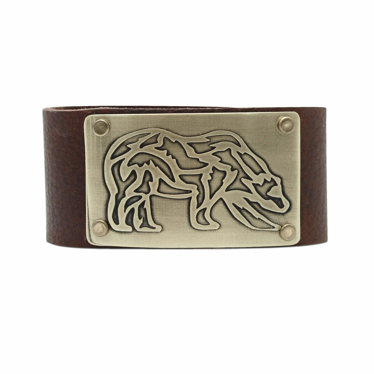 Rocky Bear Leather Cuff Bracelet featuring a grizzly bear in antique brass on a leather band.