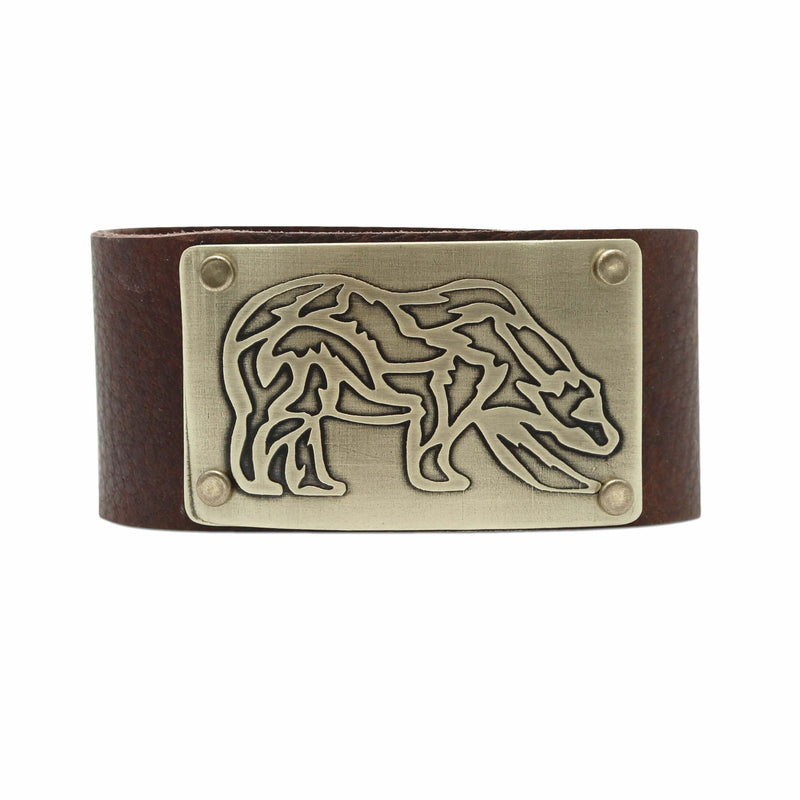 Rocky Bear Leather Cuff Bracelet featuring a grizzly bear in antique brass on a leather band.