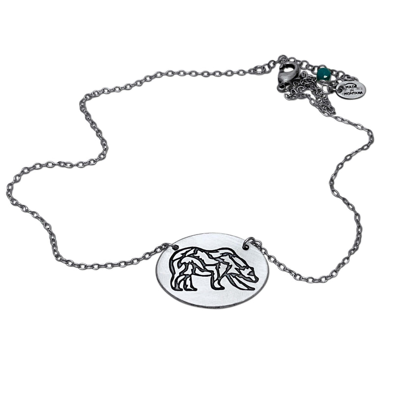 Rocky Bear Necklace in Matte Silver finish featuring a mosaic grizzly bear design.