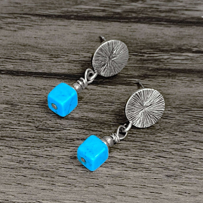 Shun Blossom Beaded Post earrings featuring square turquoise beads and textured silver details.