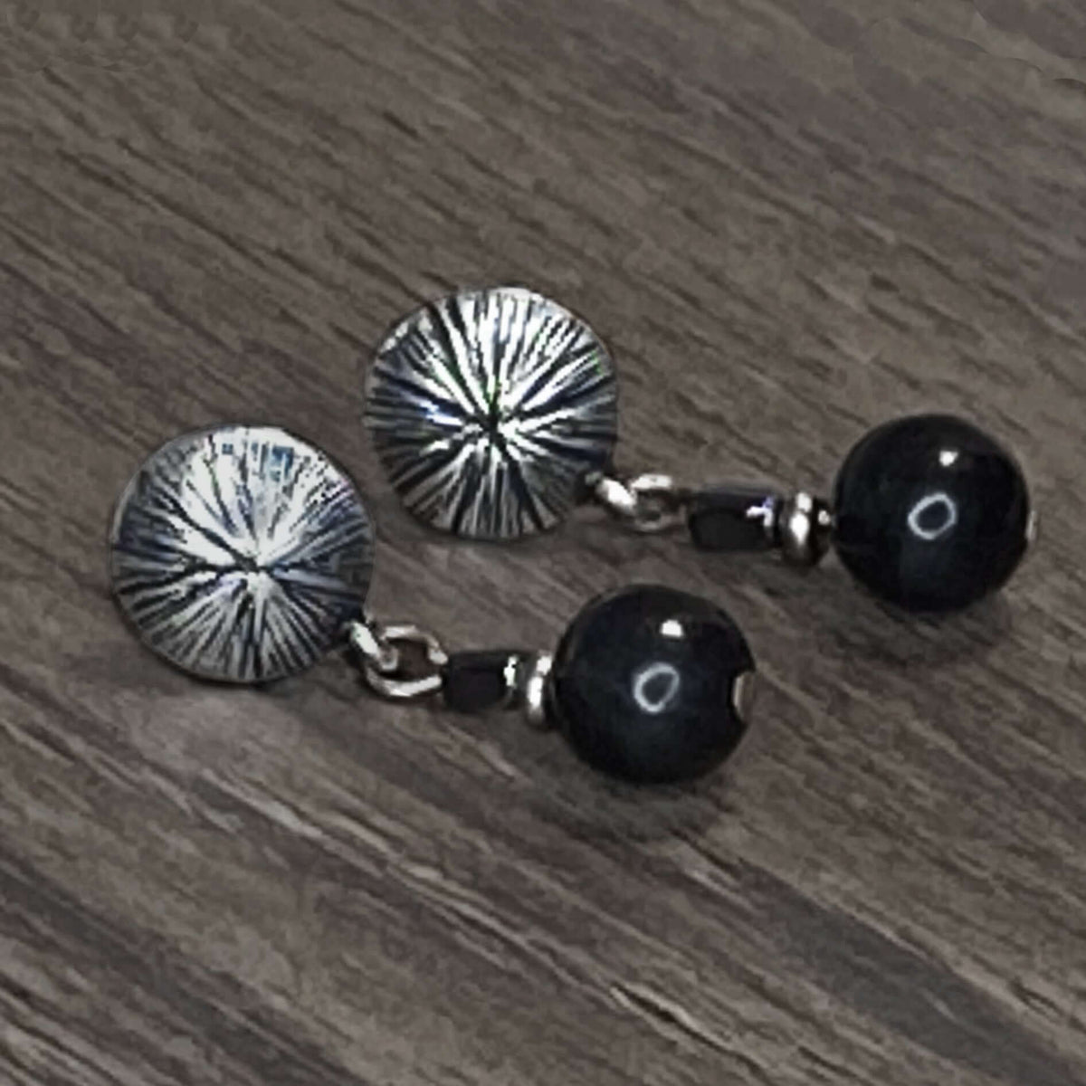 Shun Blossom Beaded Post earrings featuring Shungite beads on a matte silver setting, stylish and elegant.