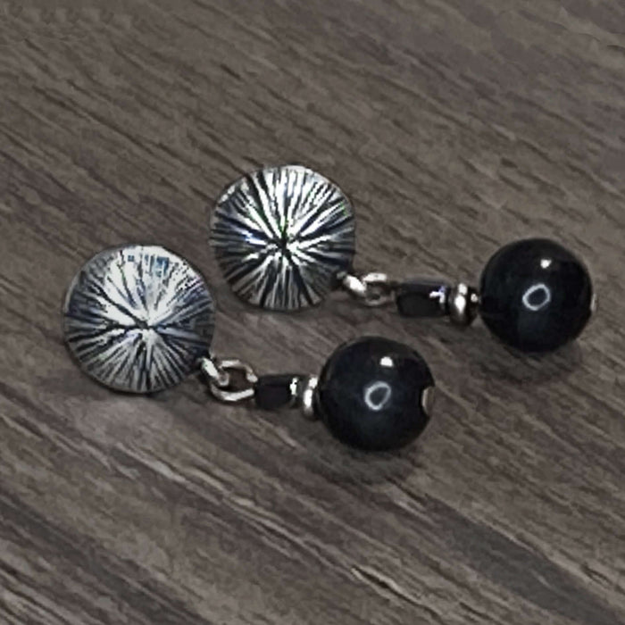 Shun Blossom Beaded Post earrings featuring Shungite beads on a matte silver setting, stylish and elegant.