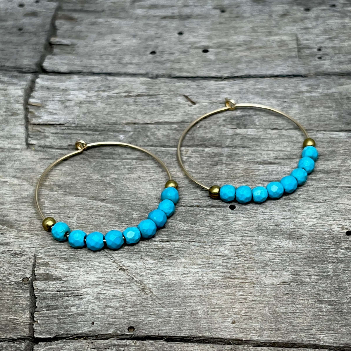 Shun Howlite Beaded Hoop Earrings featuring turquoise howlite beads on gold-filled hoops, handmade in Montana.