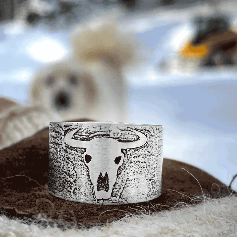 Skull Adjustable Ring featuring a bison skull design in a matte silver finish, perfect for adventurous spirits.