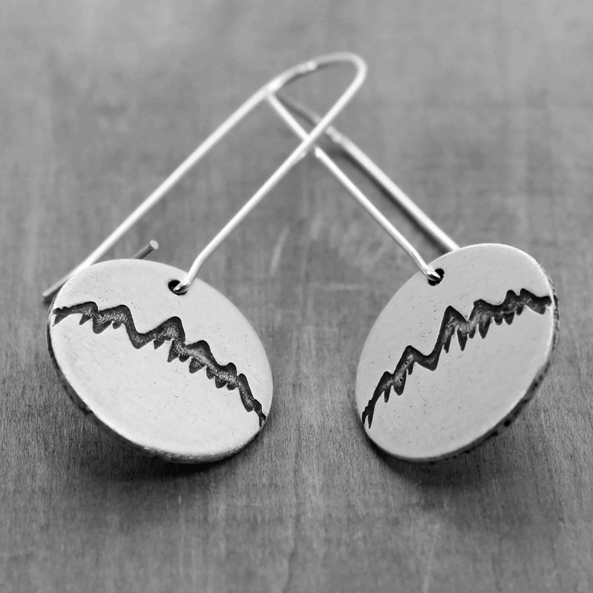 Snowcap Mountain Earrings showcasing elegant snowcapped mountain peaks in round disks with kidney earwires.