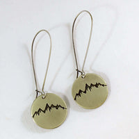 Snowcap Mountain Earrings featuring intricate mountain designs on round disks with kidney earwires.