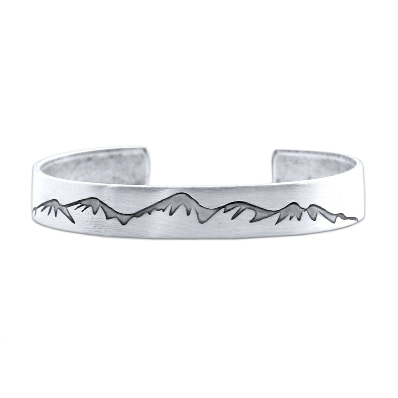 Snowcap Mountains Cuff Bracelet- Great gift for men and women, showing a stylish mountain design on a silver cuff bracelet.
