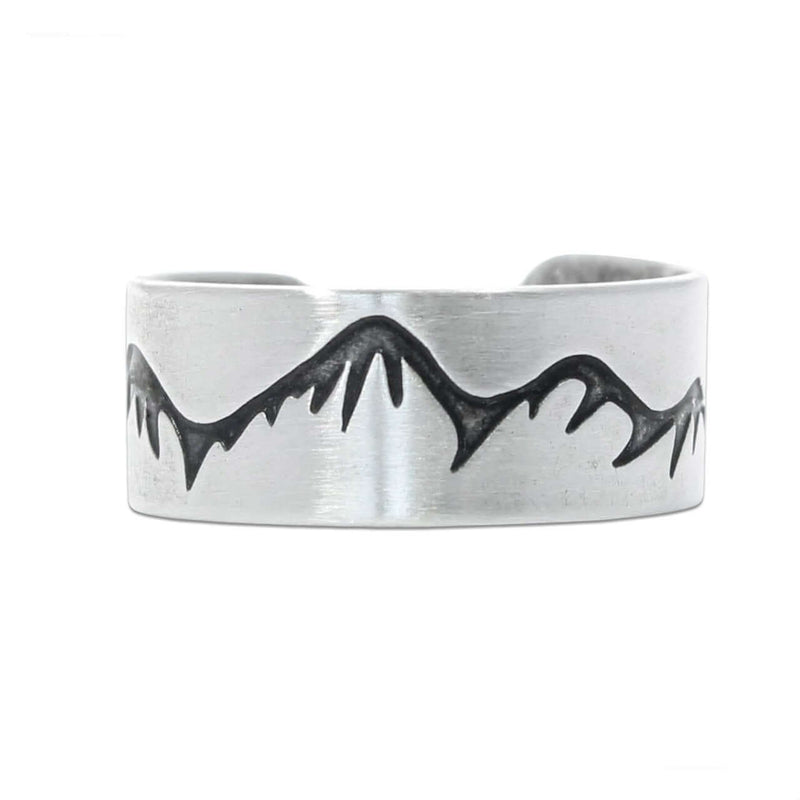 Snowcaps Adjustable Ring featuring mountain design etched on high-quality raw brass in Matte Silver finish.