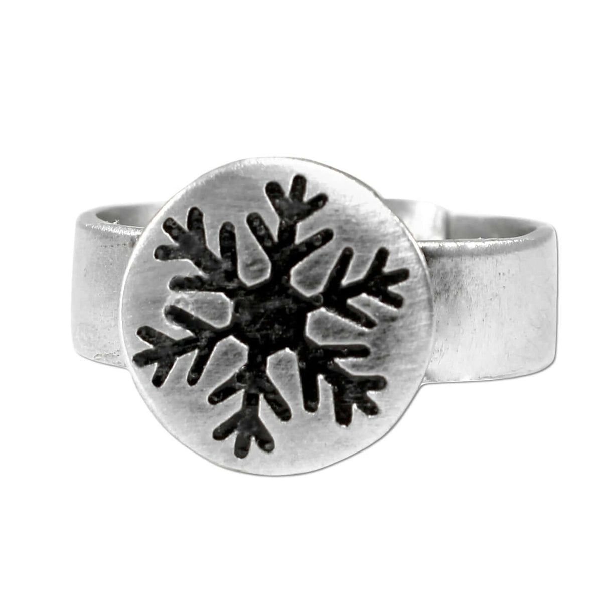 Beautiful snowflake design on a silver Snowflake Adjustable Ring, perfect for winter lovers and outdoor adventurers.