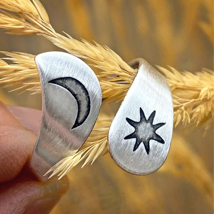 Solar Adjustable Ring featuring sun and crescent moon design, handmade in matte silver.